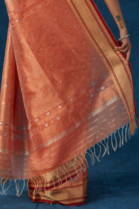Peach Kesapaat (raw mulberry) Saree With Woven Border Design