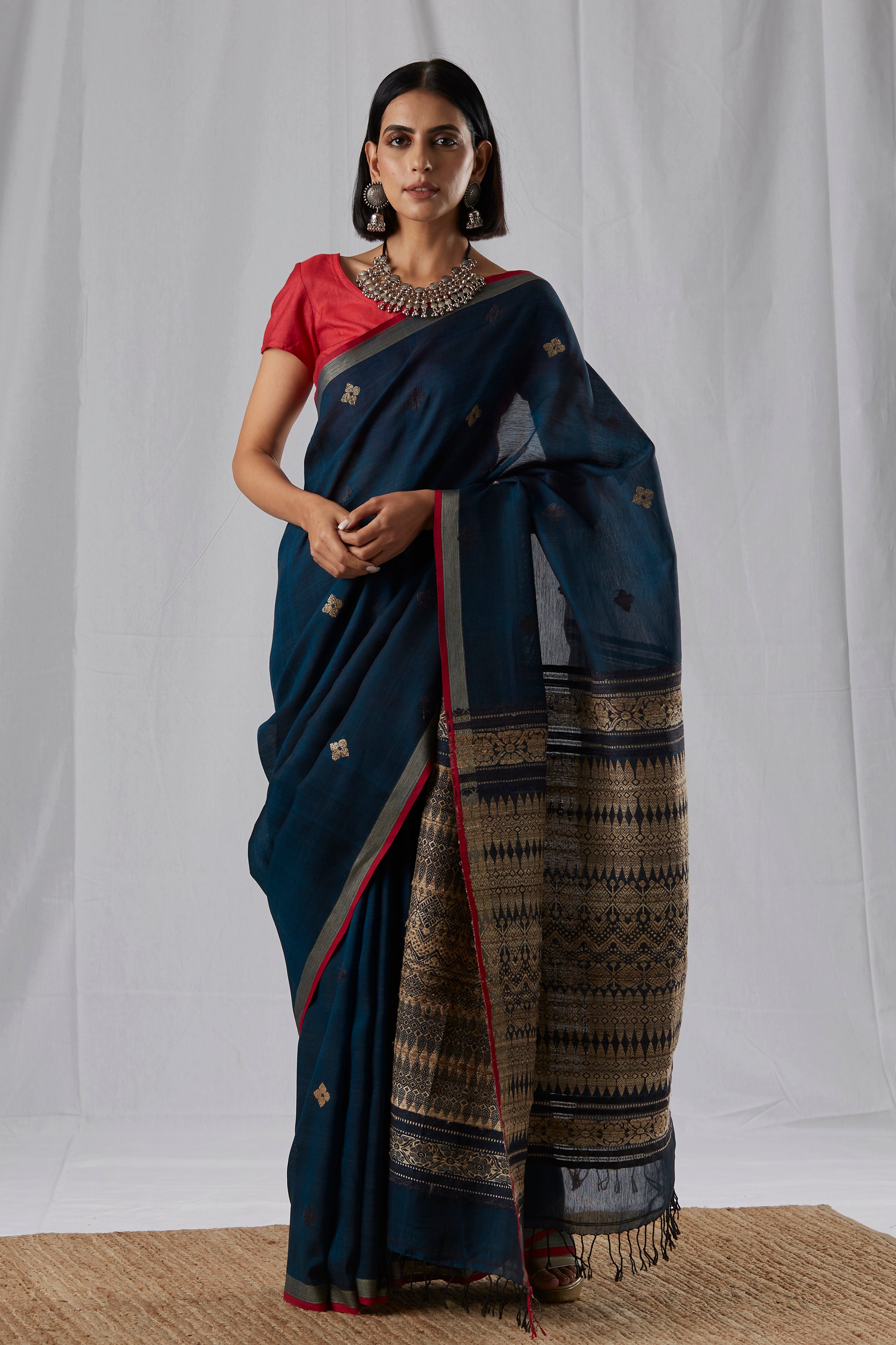 Dark Indigo Raw Mulberry (Kesapaat) Silk and Cotton Saree