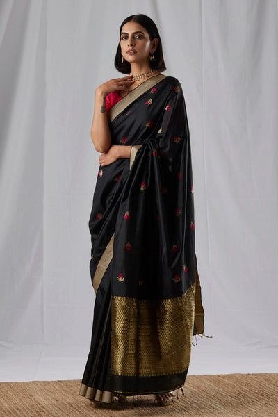 Black Red Mulberry Silk Saree 