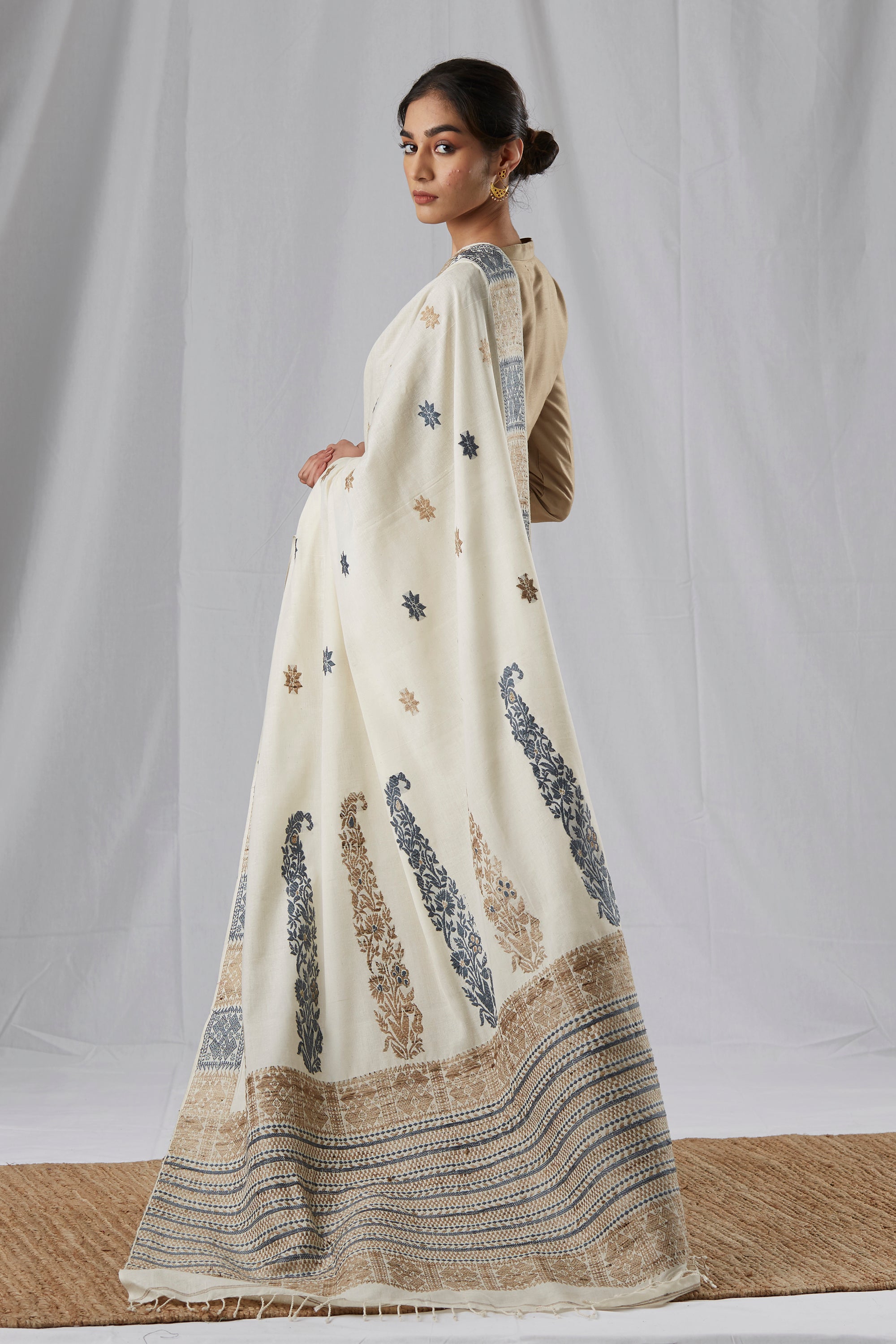 Cream Colored Cotton and Eri Silk Saree